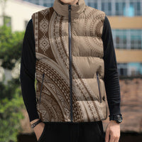 Bula Fiji Vintage Tapa Sleeveless Puffer Jacket Kaivity Masi Wave Motifs - Mocha LT7 - Polynesian Pride
