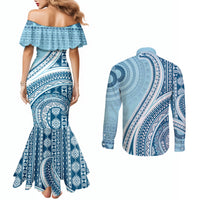 Bula Fiji Vintage Tapa Couples Matching Mermaid Dress and Long Sleeve Button Shirt Kaivity Masi Wave Motifs - Turquoise