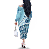 Bula Fiji Vintage Tapa Family Matching Off The Shoulder Long Sleeve Dress and Hawaiian Shirt Kaivity Masi Wave Motifs - Turquoise