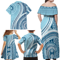 Bula Fiji Vintage Tapa Family Matching Off Shoulder Maxi Dress and Hawaiian Shirt Kaivity Masi Wave Motifs - Turquoise