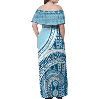 Bula Fiji Vintage Tapa Family Matching Off Shoulder Maxi Dress and Hawaiian Shirt Kaivity Masi Wave Motifs - Turquoise