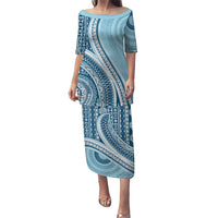 Bula Fiji Vintage Tapa Family Matching Puletasi and Hawaiian Shirt Kaivity Masi Wave Motifs - Turquoise