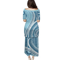 Bula Fiji Vintage Tapa Family Matching Puletasi and Hawaiian Shirt Kaivity Masi Wave Motifs - Turquoise