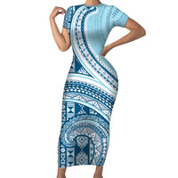 Bula Fiji Vintage Tapa Family Matching Short Sleeve Bodycon Dress and Hawaiian Shirt Kaivity Masi Wave Motifs - Turquoise