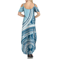 Bula Fiji Vintage Tapa Family Matching Summer Maxi Dress and Hawaiian Shirt Kaivity Masi Wave Motifs - Turquoise