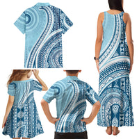 Bula Fiji Vintage Tapa Family Matching Tank Maxi Dress and Hawaiian Shirt Kaivity Masi Wave Motifs - Turquoise