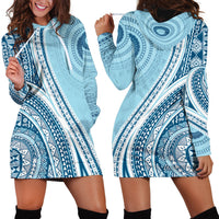 Bula Fiji Vintage Tapa Hoodie Dress Kaivity Masi Wave Motifs - Turquoise