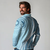 Bula Fiji Vintage Tapa Long Sleeve Polo Shirt Kaivity Masi Wave Motifs - Turquoise