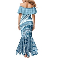 Bula Fiji Vintage Tapa Mermaid Dress Kaivity Masi Wave Motifs - Turquoise