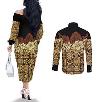 Niue Hiapo Motif Couples Matching Off The Shoulder Long Sleeve Dress and Long Sleeve Button Shirt Tapa Classic - Black Ver