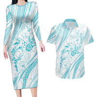 Sharks Couple Dreamy Polynesians Floral Sea Couples Matching Long Sleeve Bodycon Dress and Hawaiian Shirt Turquoise - Polynesian Pride