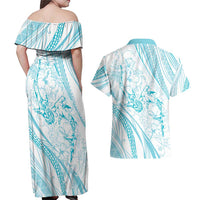 Sharks Couple Dreamy Polynesians Floral Sea Couples Matching Off Shoulder Maxi Dress and Hawaiian Shirt Turquoise - Polynesian Pride