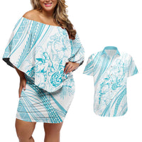Sharks Couple Dreamy Polynesians Floral Sea Couples Matching Off Shoulder Short Dress and Hawaiian Shirt Turquoise - Polynesian Pride