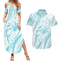 Sharks Couple Dreamy Polynesians Floral Sea Couples Matching Summer Maxi Dress and Hawaiian Shirt Turquoise - Polynesian Pride