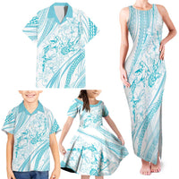 Sharks Couple Dreamy Polynesians Floral Sea Family Matching Tank Maxi Dress and Hawaiian Shirt Turquoise - Polynesian Pride