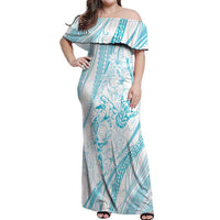 Sharks Couple Dreamy Polynesians Floral Sea Off Shoulder Maxi Dress Turquoise - Polynesian Pride