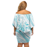 Sharks Couple Dreamy Polynesians Floral Sea Off Shoulder Short Dress Turquoise - Polynesian Pride