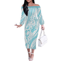Sharks Couple Dreamy Polynesians Floral Sea Off The Shoulder Long Sleeve Dress Turquoise - Polynesian Pride