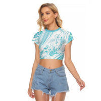 Sharks Couple Dreamy Polynesians Floral Sea Raglan Cropped T Shirt Turquoise LT7 Female Turquoise - Polynesian Pride