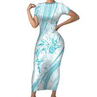 Sharks Couple Dreamy Polynesians Floral Sea Short Sleeve Bodycon Dress Turquoise - Polynesian Pride