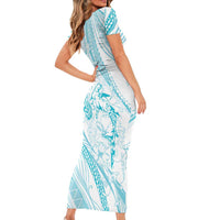 Sharks Couple Dreamy Polynesians Floral Sea Short Sleeve Bodycon Dress Turquoise LT7 - Polynesian Pride