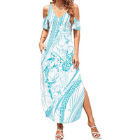 Sharks Couple Dreamy Polynesians Floral Sea Summer Maxi Dress Turquoise - Polynesian Pride