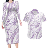 Sharks Couple Dreamy Polynesians Floral Sea Couples Matching Long Sleeve Bodycon Dress and Hawaiian Shirt Lilac - Polynesian Pride