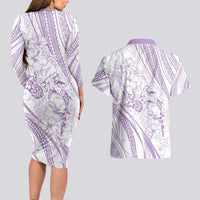 Sharks Couple Dreamy Polynesians Floral Sea Couples Matching Long Sleeve Bodycon Dress and Hawaiian Shirt Lilac - Polynesian Pride