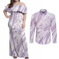 Sharks Couple Dreamy Polynesians Floral Sea Couples Matching Off Shoulder Maxi Dress and Long Sleeve Button Shirt Lilac - Polynesian Pride