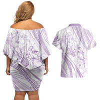 Sharks Couple Dreamy Polynesians Floral Sea Couples Matching Off Shoulder Short Dress and Hawaiian Shirt Lilac - Polynesian Pride