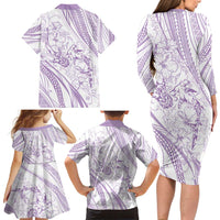 Sharks Couple Dreamy Polynesians Floral Sea Family Matching Long Sleeve Bodycon Dress and Hawaiian Shirt Lilac - Polynesian Pride