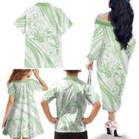 Sharks Couple Dreamy Polynesians Floral Sea Family Matching Off The Shoulder Long Sleeve Dress and Hawaiian Shirt Emerald - Polynesian Pride