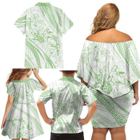 Sharks Couple Dreamy Polynesians Floral Sea Family Matching Off Shoulder Short Dress and Hawaiian Shirt Emerald - Polynesian Pride