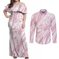 Sharks Couple Dreamy Polynesians Floral Sea Couples Matching Off Shoulder Maxi Dress and Long Sleeve Button Shirt Pink - Polynesian Pride