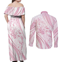 Sharks Couple Dreamy Polynesians Floral Sea Couples Matching Off Shoulder Maxi Dress and Long Sleeve Button Shirt Pink - Polynesian Pride