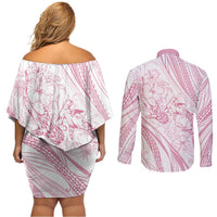 Sharks Couple Dreamy Polynesians Floral Sea Couples Matching Off Shoulder Short Dress and Long Sleeve Button Shirt Pink - Polynesian Pride
