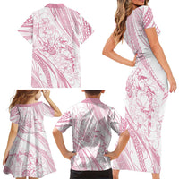 Sharks Couple Dreamy Polynesians Floral Sea Family Matching Short Sleeve Bodycon Dress and Hawaiian Shirt Pink - Polynesian Pride