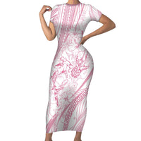 Sharks Couple Dreamy Polynesians Floral Sea Short Sleeve Bodycon Dress Pink - Polynesian Pride