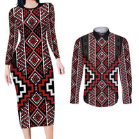 Red Tukutuku Pattern Aotearoa Couples Matching Long Sleeve Bodycon Dress and Long Sleeve Button Shirt Niho Taniwha and Puhoro Motifs