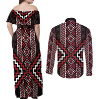 Red Tukutuku Pattern Aotearoa Couples Matching Off Shoulder Maxi Dress and Long Sleeve Button Shirt Niho Taniwha and Puhoro Motifs LT7 - Polynesian Pride