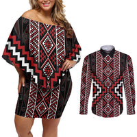 Red Tukutuku Pattern Aotearoa Couples Matching Off Shoulder Short Dress and Long Sleeve Button Shirt Niho Taniwha and Puhoro Motifs LT7 Red - Polynesian Pride