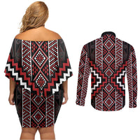 Red Tukutuku Pattern Aotearoa Couples Matching Off Shoulder Short Dress and Long Sleeve Button Shirt Niho Taniwha and Puhoro Motifs LT7 - Polynesian Pride