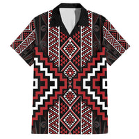 Red Tukutuku Pattern Aotearoa Family Matching Tank Maxi Dress and Hawaiian Shirt Niho Taniwha and Puhoro Motifs LT7 Dad's Shirt - Short Sleeve Red - Polynesian Pride
