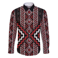 Red Tukutuku Pattern Aotearoa Family Matching Tank Maxi Dress and Hawaiian Shirt Niho Taniwha and Puhoro Motifs LT7 Dad's Shirt - Long Sleeve Red - Polynesian Pride