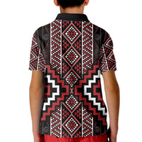 Red Tukutuku Pattern Aotearoa Kid Polo Shirt Niho Taniwha and Puhoro Motifs