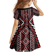 Red Tukutuku Pattern Aotearoa Kid Short Sleeve Dress Niho Taniwha and Puhoro Motifs