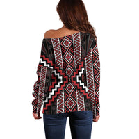 Red Tukutuku Pattern Aotearoa Off Shoulder Sweater Niho Taniwha and Puhoro Motifs