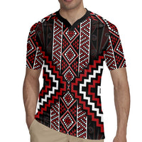 Red Tukutuku Pattern Aotearoa Rugby Jersey Niho Taniwha and Puhoro Motifs