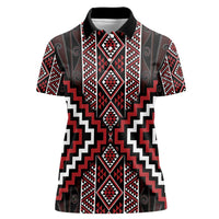 Red Tukutuku Pattern Aotearoa Women Polo Shirt Niho Taniwha and Puhoro Motifs