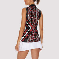 Red Tukutuku Pattern Aotearoa Women Sleeveless Polo Shirt Niho Taniwha and Puhoro Motifs